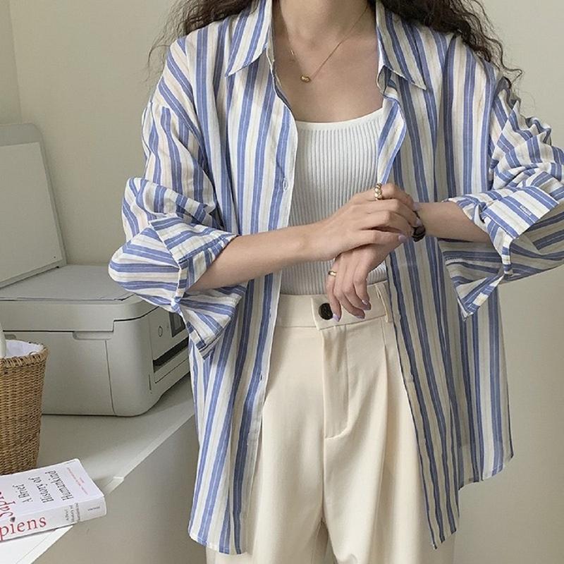 (ÁO MỎNG) Áo Sơ Mi Nữ Kẻ Sọc Hàn Quốc Tay Dài Freesize Form Rộng Chất Tơ Giấy Mỏng Mát