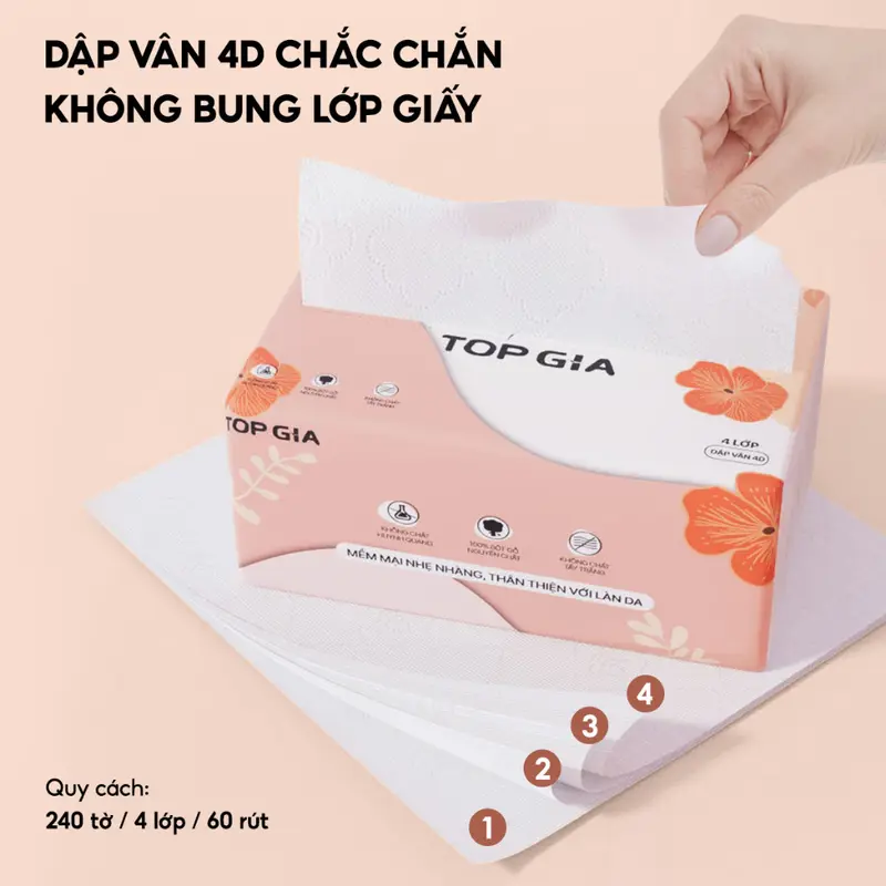 Ưu Đãi Giấy ăn rút Topgia thùng 16 gói Sắc Hạ cao cấp 240 tờ 4 lớp dập vân 4D dày dặn 3