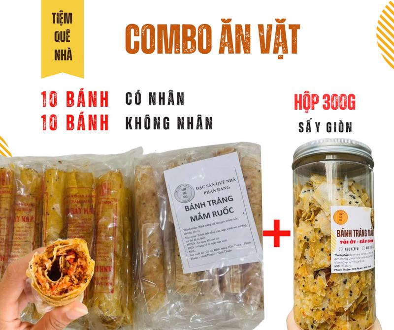 COMBO ĂN VẶT - 20 Bánh tráng nướng mắm ruốc (10 có nhân + 10 không nhân) + Hủ 300g Bánh sấy giòn mắm tỏi ớt  - Tiệm Quê Nhà