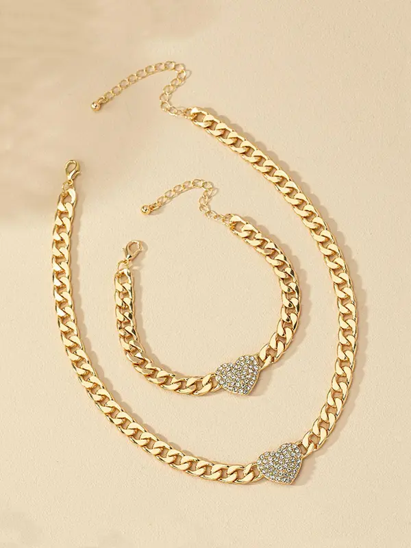 Rhinestone Decorated Heart Design Necklace & Bracelet, Fashion Jewelry for Party, Daily Clothing Decor, Trendy All-match & Exquisite Jewelry for Birthday Gift, Valentine's Day, Gift 4