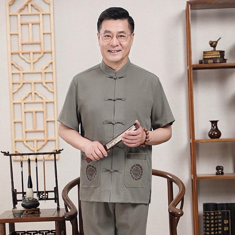 Bộ đồ trung niên nam, bộ thô đũi cổ tàu tay ngắn nút tiều, bộ đồ nam tay ngắn quần dài phong cách sang trọng set Menswear