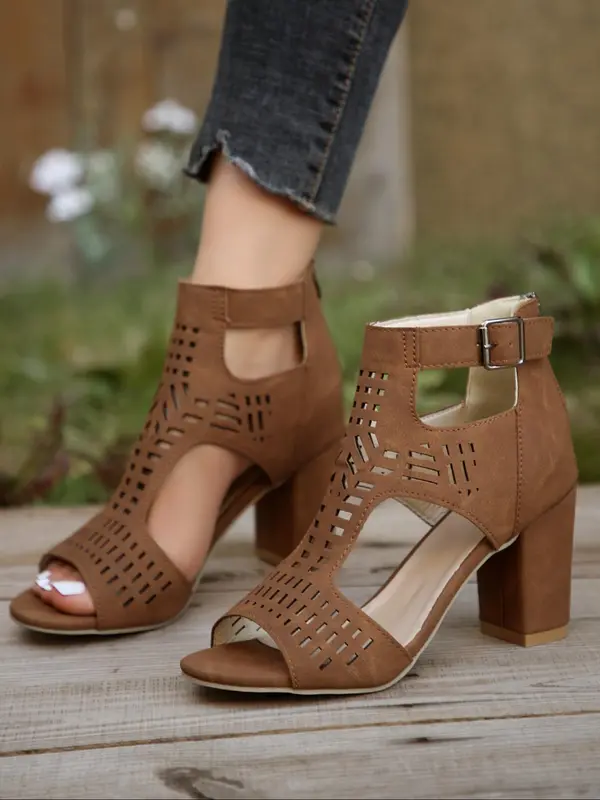 Women's Summer 2024 Fashionable Solid Color Hollowed-out Zipper High Heel Sandals, Peep Toe Sandals Chunky Heel, Ankle Strap Pumps Shoes for Party 8