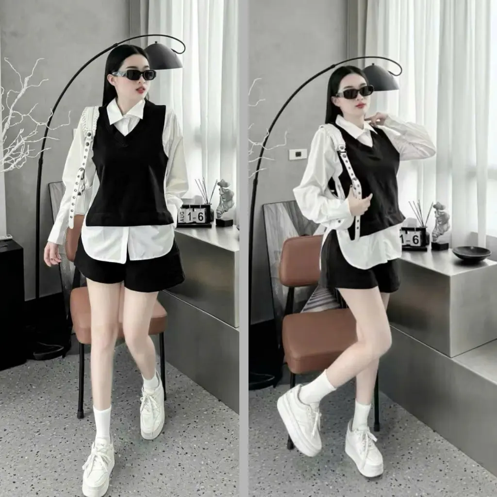 Set đồ bigsize nữ áo sơ mi trắng phối ghi lê chất ruby kèm quần đùi ống rộng lưng thuncho các chuppy xinh SET944