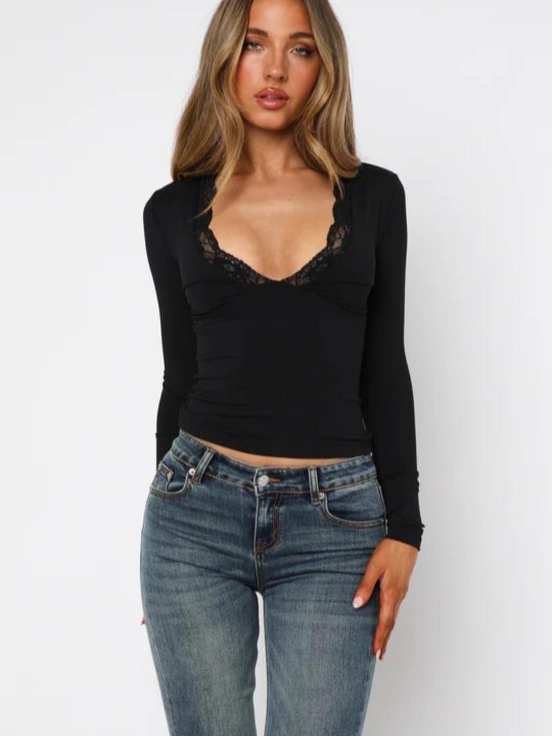 Product Introduction of Women's Plain Contrast Lace V Neck Tee, Casual Elegant Long Sleeve T-shirt for Fall & Winter, Women's Clothing for Daily Wear 6