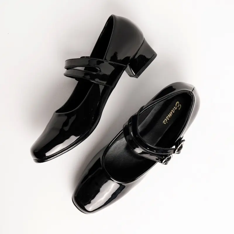 Mary Jane Shoes BIG SIZE 41-42-43-44-45 Sepatu Formal Paskibra Hak Tahu 3cm Tali Gesper2 Ukuran JUMBO BESAR Original EMRSH Heels Wanita sepatu pantofel hitam mengkilap tali sabuk 3