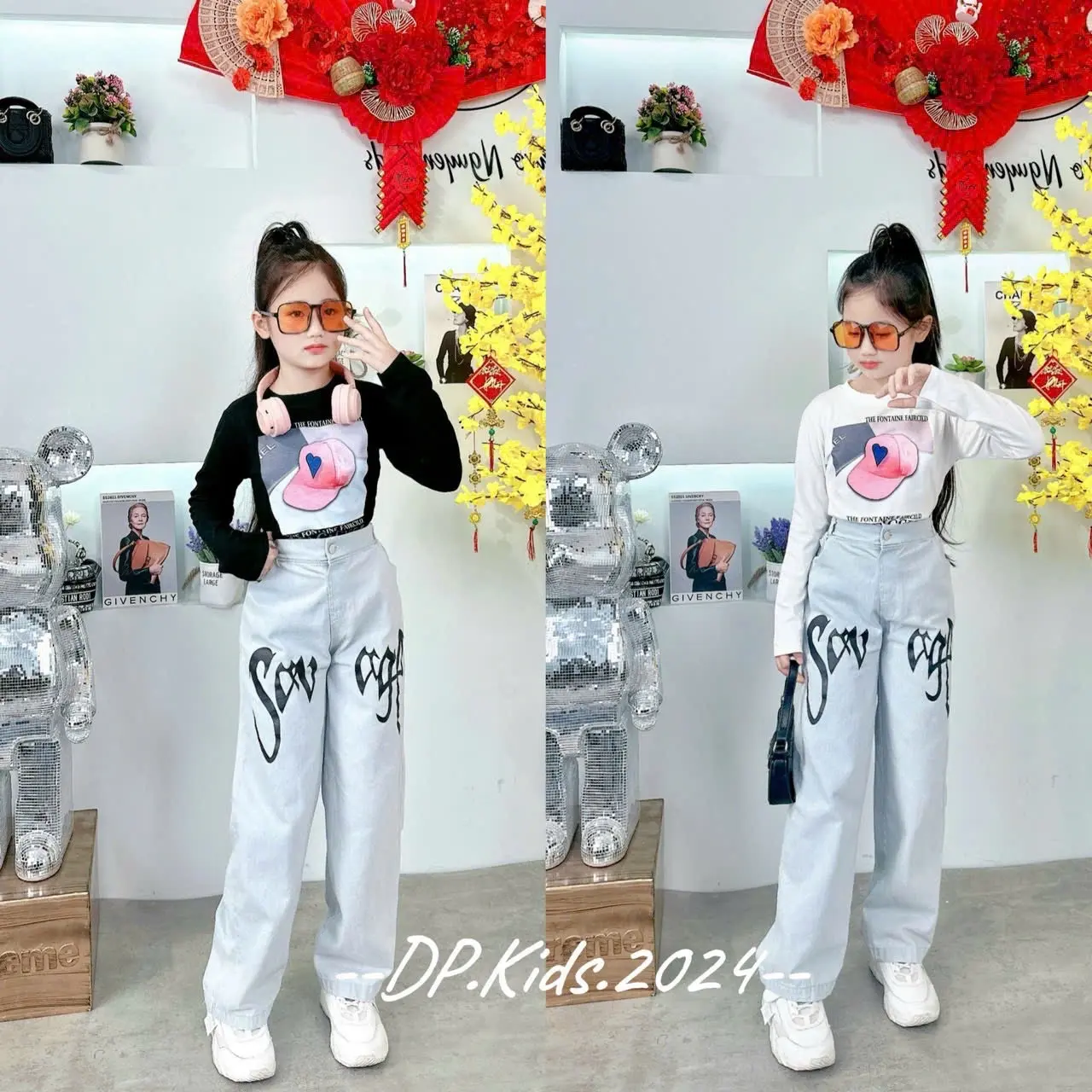 Bộ quần jeans áo dài tay bé gái size 16-50kg