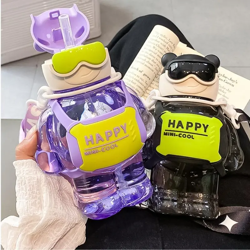 800ml Cartoon Design Water Bottle, 1 Count Portable Cute Water Bottle With Straw & Lanyard, Drinking Bottle For Student 4