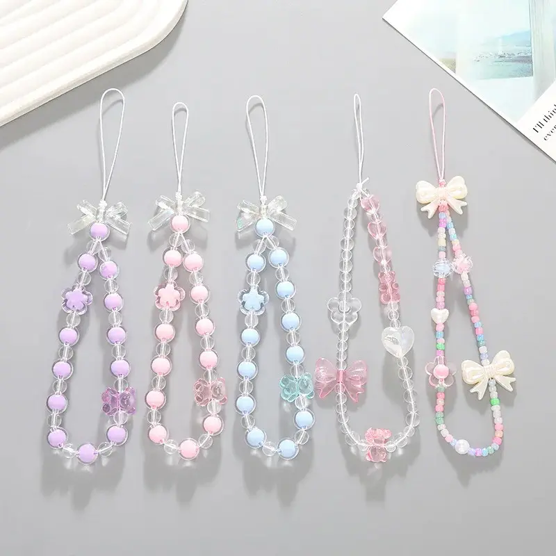 Women Girls Beaded Mobile Phone Lanyard Smartphone Chain Anti-Lost Tellphone Rope Summer Candy Colored Phone Strap Pendant Gifts Plastic Accessories Charm Cellphone