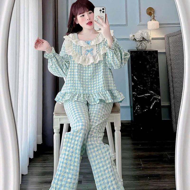 Bộ đồ Mặc nhà Kẻ caro Ren bèo 2 lớp Chất Đũi Thô tiểu thư cho Nữ DD65 Sammy - Quần Ngủ Nữ - Women 1