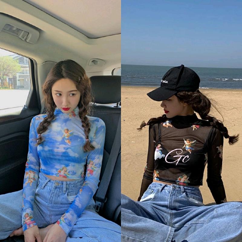 Blue n Black Angel Transparent Crop Top Turtle Neck Long Sleeve Atasan Cupid Transparan Biru dan Hitam Lengan Panjang 0