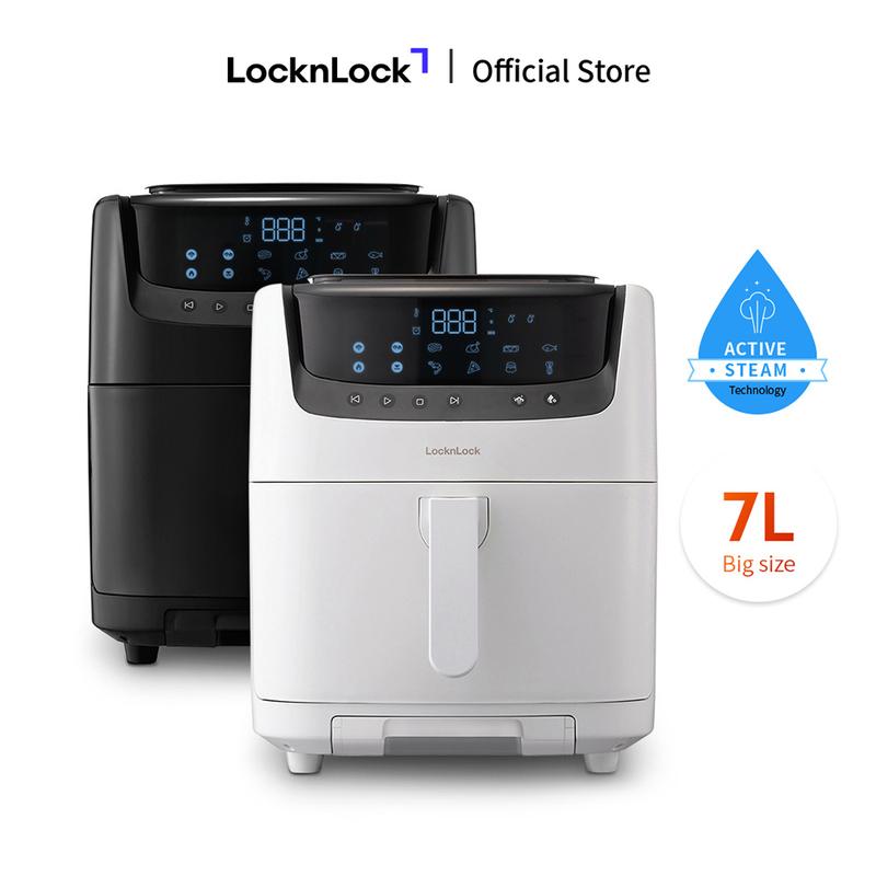 Nồi chiên không dầu kèm hấp LocknLock Steam Air Fryer 7L - màu đen và màu trắng EJF881 - Chiên/Nướng/Hấp - 8 chế độ nấu - Lòng nồi chống dính - Làm sạch bằng hơi nước
