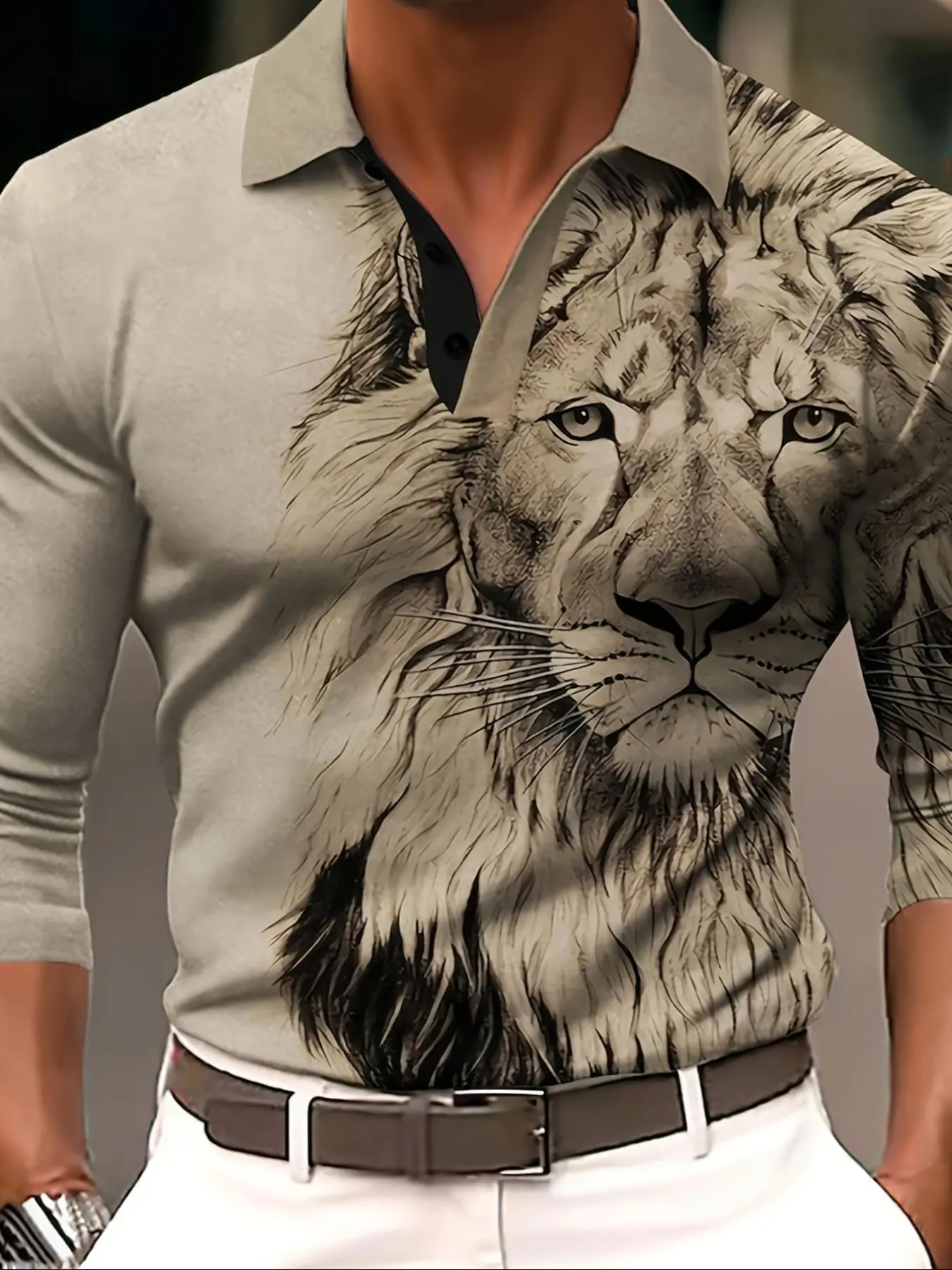 Men's Lion Print Button Front Polo Shirt, Regular Fit Casual Long Sleeve Top for Fall & Winter, Men's Clothes for Daily Wear