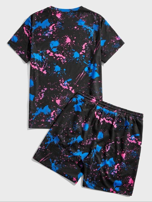 2 Counts Men's All Over Spalsh Ink Print Tee & Elastic Waist Shorts Set, Cartoon Face Print Round Neck T-shirt & Sweat Shorts, Casual Fashion Cozy Breathable Men Two-piece Outfits for Summer Daily Workout 3
