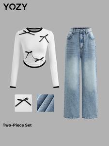 YOZY Women's Bow Decor Long Sleeve Tee & Straight Leg Jeans Set, Ladies Spring & Fall Clothing