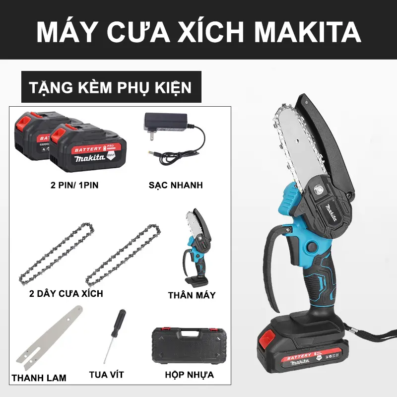 [BÁN CHẠY] Máy Cưa Xích PIN MAKITA 199V, Máy Cưa Xích Cầm Tay, Lõi Đồng, PIN Dung Lượng 32.000mAh, Lam Dài 6 Inch, Bảo Hành 12 Tháng 0