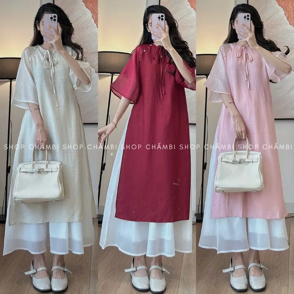 [XẢ HÀNG] Set Áo dài nữ S.213, Set áo dài cách tân cổ tàu tay lỡ cúc ngọc phối nơ buộc dịu dàng - Shop Chấm Bi