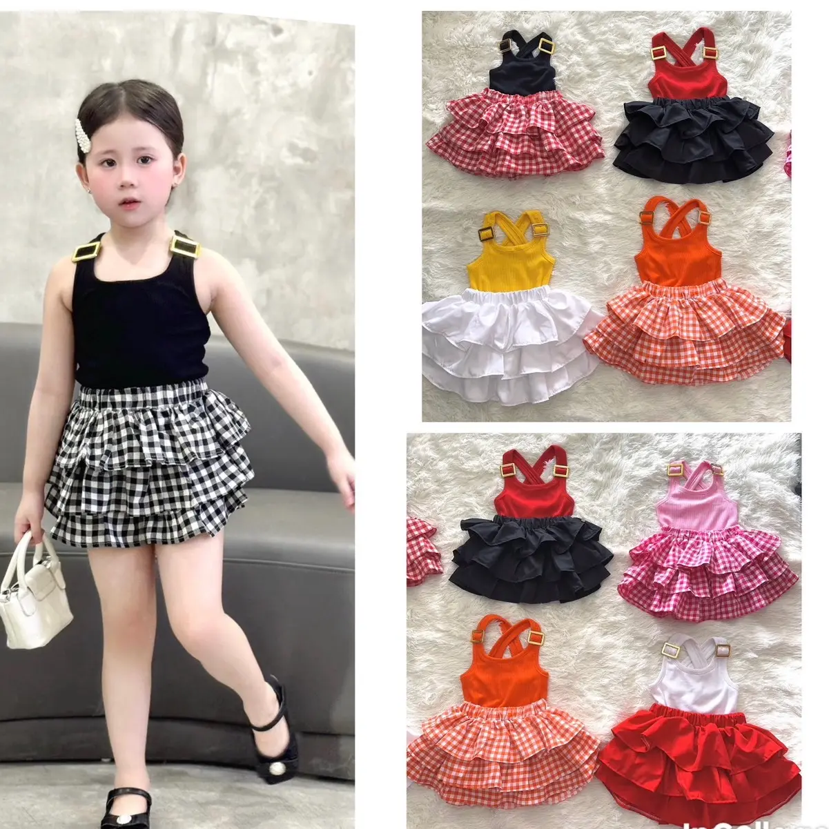 Sét chân váy 3 tầng bèo bồng bềnh + áo 2 dây ba lỗ gắn phụ kiện cho bé gái