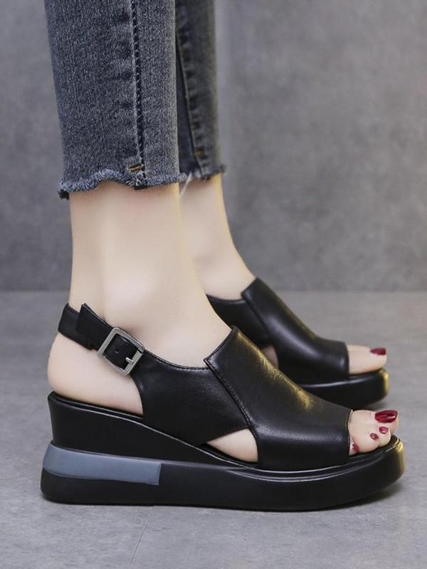 Women's Fashionable Solid Color Wedge Sandals, 1 Pair Casual Open Toe Platform Sandals for Summer, Comfortable Buckle Strap Sandals for Daily Wear 6