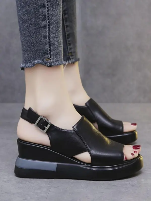 Women's Fashionable Solid Color Wedge Sandals, 1 Pair Casual Open Toe Platform Sandals for Summer, Comfortable Buckle Strap Sandals for Daily Wear 5