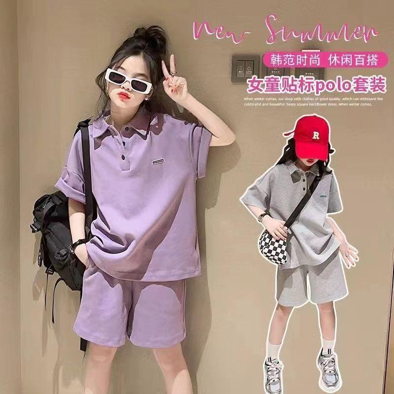 Bộ Đồ Mùa Hè Cho Bé Gái, Phong Cách Hàn Quốc, Cổ Polo Thường Ngày Quần Đùi ngắn Tay, Bộ Đồ Hai Mảnh Thể Thao Thời Trang, Thời Trang 2025 Áo Women 0