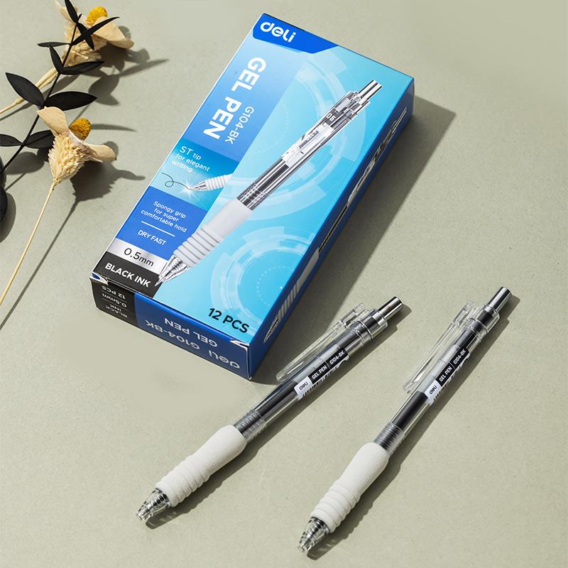 Deli EG104 Quick-Dry Click Business Gel Pen, 0.5mm ST Pen Tip, Gel Pen Set Smooth Writing, Low-Viscosity Ink Gel Pen, 1 or 12PCS, Ideal for Office & School