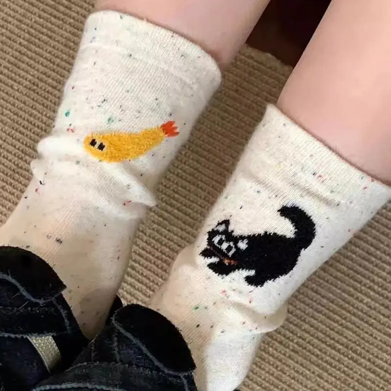 Japanese Cute Cartoon Kitten Spring and Autumn New Cute Illustration Heel Flocking Color Dots Socks Students