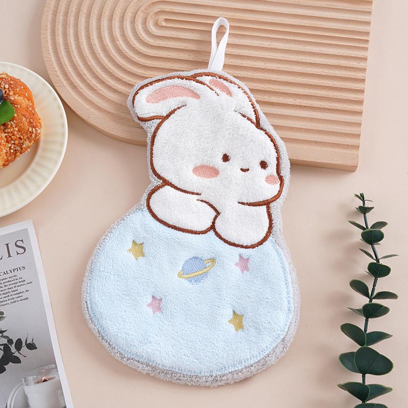 Product Introduction of Cute Rabbit Pattern Hand Towel Soft Hanging Towels Absorbent Coral  Towel Kitchen Bathroom Double-thickness Hand Towel 28