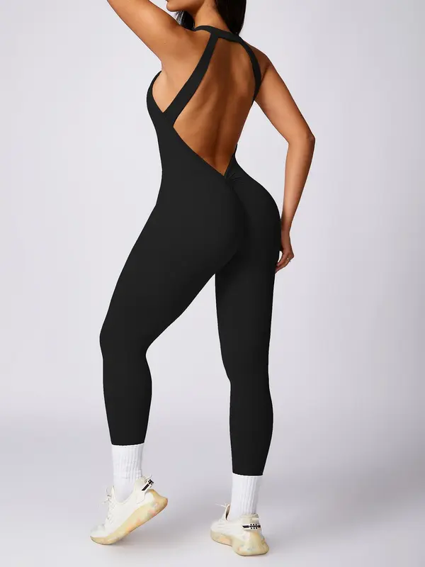 Women's Solid Ruched Cut Out Backless Halter Sports Jumpsuit, Jumpsuit for Women, High Stretch Seamless Quick Drying Breathable Comfortable Sports Jumpsuit for Yoga Gym Workout, Ladies Sportswear for All Seasons, Tummy Control,  Gym Wear 3