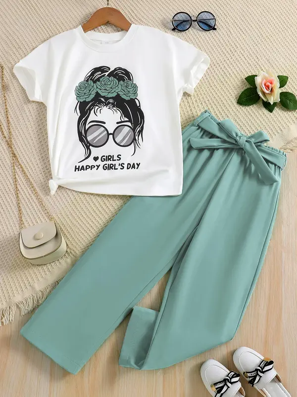 Two-piece Set Girl's Figure Letter Print Tee Top & Belted Straight Leg Pants Set, Round Neck Short Sleeve T-shirt & Elastic Waist Trousers for Daily Wear, Kid's Summer Clothes 2