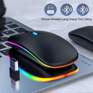 Mouse Bluetooth Nirkabel Senyap Dapat Diisi Ulang via USB Mouse Gaming dengan Lampu LED Belakang untuk Laptop Komputer dan PC