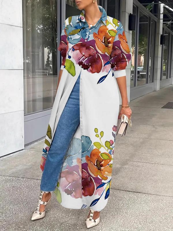 Women's All Over Print Button Front Asymmetrical Hem Long Shirt, Casual Long Sleeve Curved Hem Collared Top for Daily Outdoor Wear, Ladies Clothes for All Seasons 0