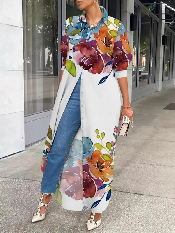 Women's All Over Print Button Front Asymmetrical Hem Long Shirt, Casual Long Sleeve Curved Hem Collared Top for Daily Outdoor Wear, Ladies Clothes for All Seasons 0