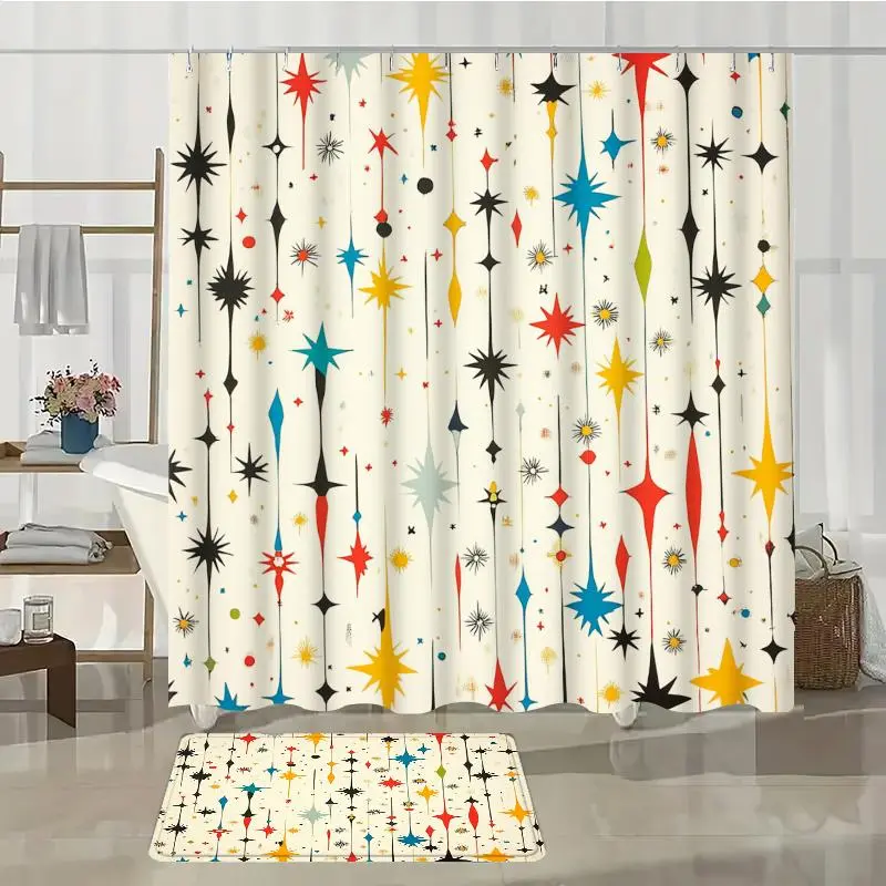 Star Print Shower Curtain Set, 1/4 Counts Including Shower Curtain & U-shaped Mat & Toilet Lid Cover & Bath Mat, Bathroom Accessories with Hooks 2