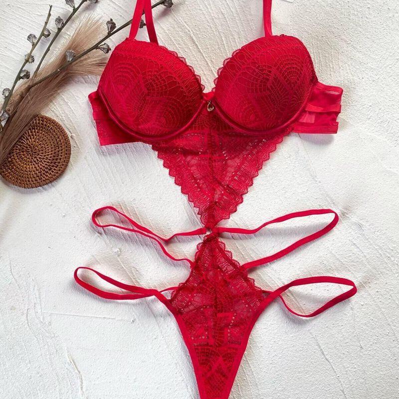 Product Introduction of S-XL European and American Sexy One-Piece Lingerie French Style Small Chest Gathered Micro Shaping Bodysuit Red Zodiac Year Lace Jumpsuit 16