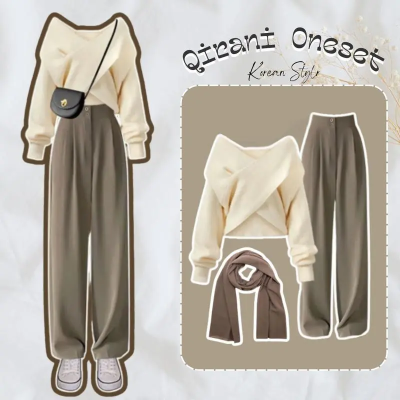 Chic Zone - Oneset Qirani Korean Style | Loose Pants Trousers Wanita - Celana Anti Kusut - Celana Kulot Wanita - Celana Kerja Wanita + Sweater Top Premium Knit + hijab pashmina bahan jersey | OOTD , Outfit Casual, Outfit Kantor Panjang Setelan