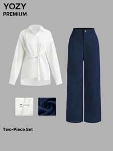 YOZY Women's Plain High Low Hem Shirt & Pants Set, Ladies Clothes for Work Office Business