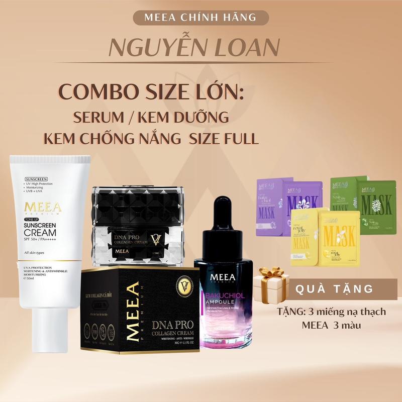 Combo 3 Sản phẩm chăm Sóc Da Meea Size Full ( Serum Bakuchiol  / Face collagen Cá Hồi 30gr / kem Chống Nắng 50ml ) Skincare tặng  3 mặt nạ thạch tươi collagen  meea trị giá  150k