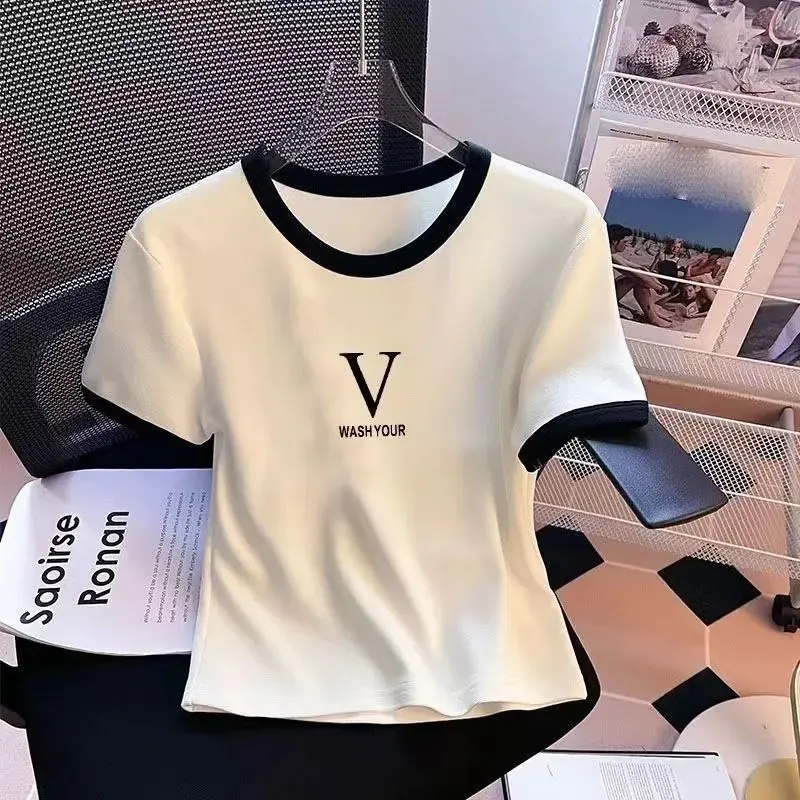 New fashion thread Western style fat sister slim-fit short-sleepred WOMEN'S U-collar classic style matching design blouse WOMEN'S clothing Top Womenswear Lingerie Comfort Tshirt Black V-Collar