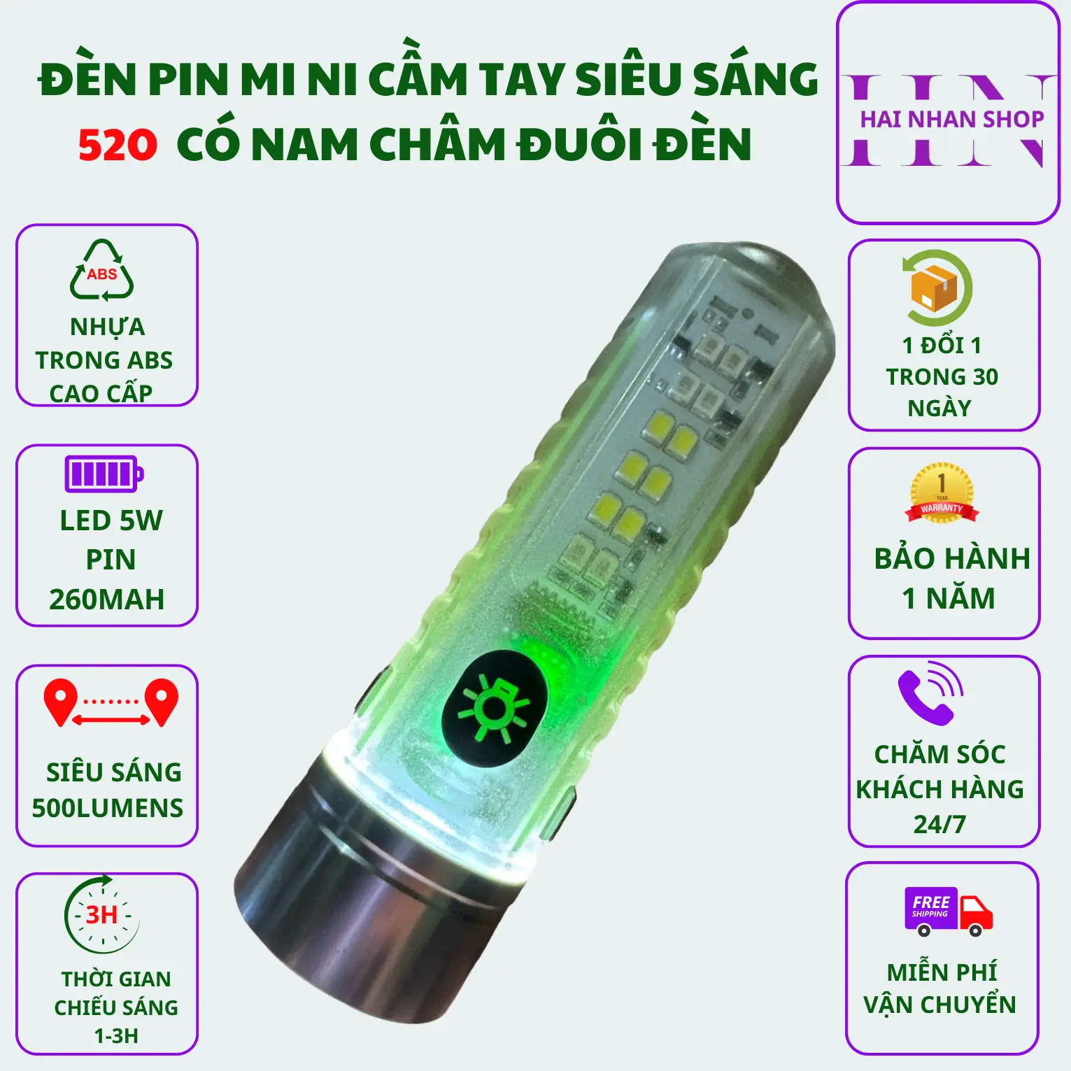 ĐÈN PIN MINI 520 siêu sáng cầm tay đa chức năng.bẩy chế độ sáng