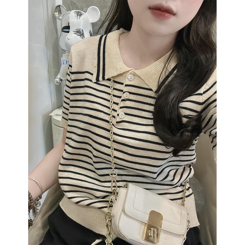 Áo Polo Len Nữ Montoghi Kẻ Ngang Nhỏ 2 Màu Nhã Nhặn Hàng QC Minxu Shop PZ37