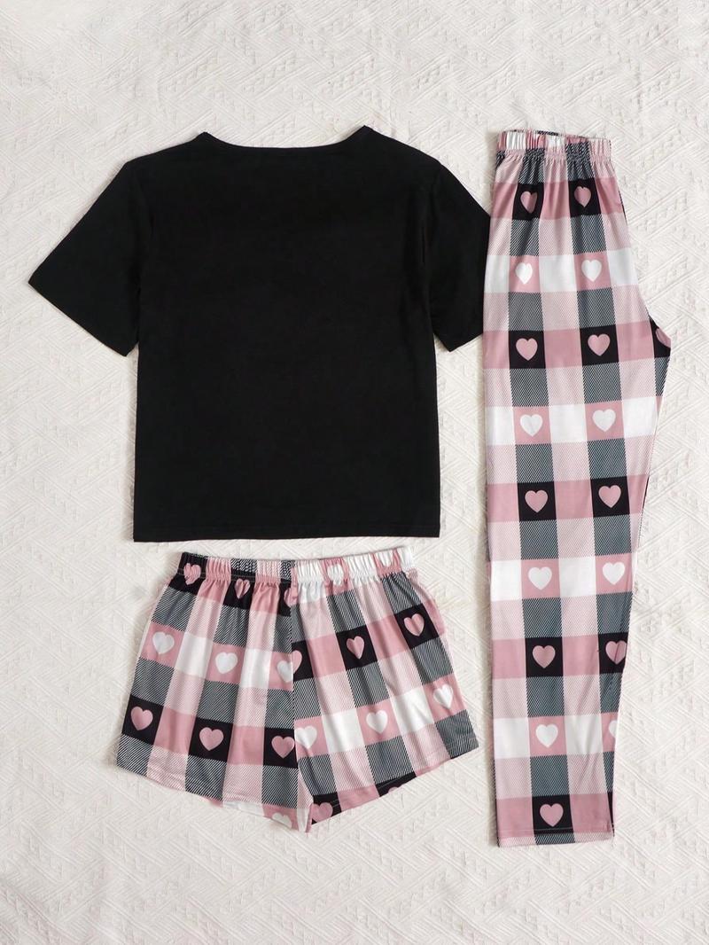 Product Introduction of Three-Piece Set Women's Plaid Print Pyjama Set, Casual Comfy Short Sleeve T-shirt & Elastic Waist Shorts & Bow Front Pants PJ Set, Ladies Sleepwear for All Seasons 9