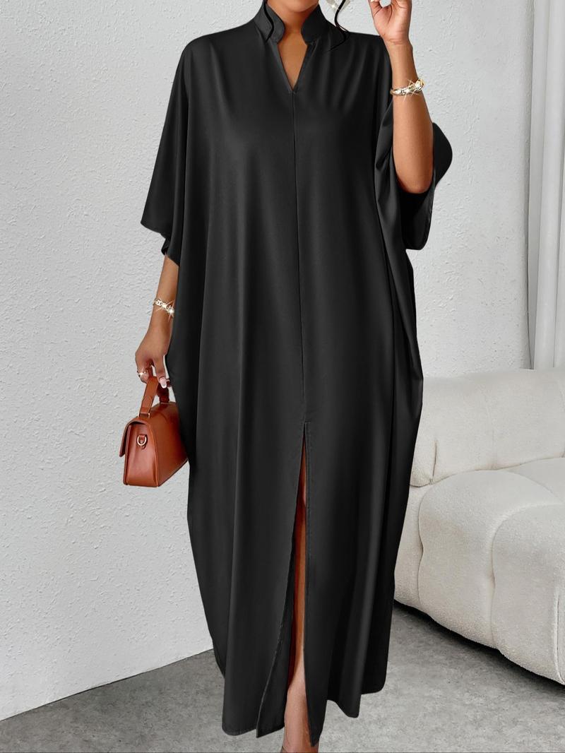 Product Introduction of Women's Plain Notched Neck Split Hem Long Dress, Elegant Fashion Casual Dress for Daily Outdoor Wear, Women Dress for Summer, Summer Dresses 2025 7
