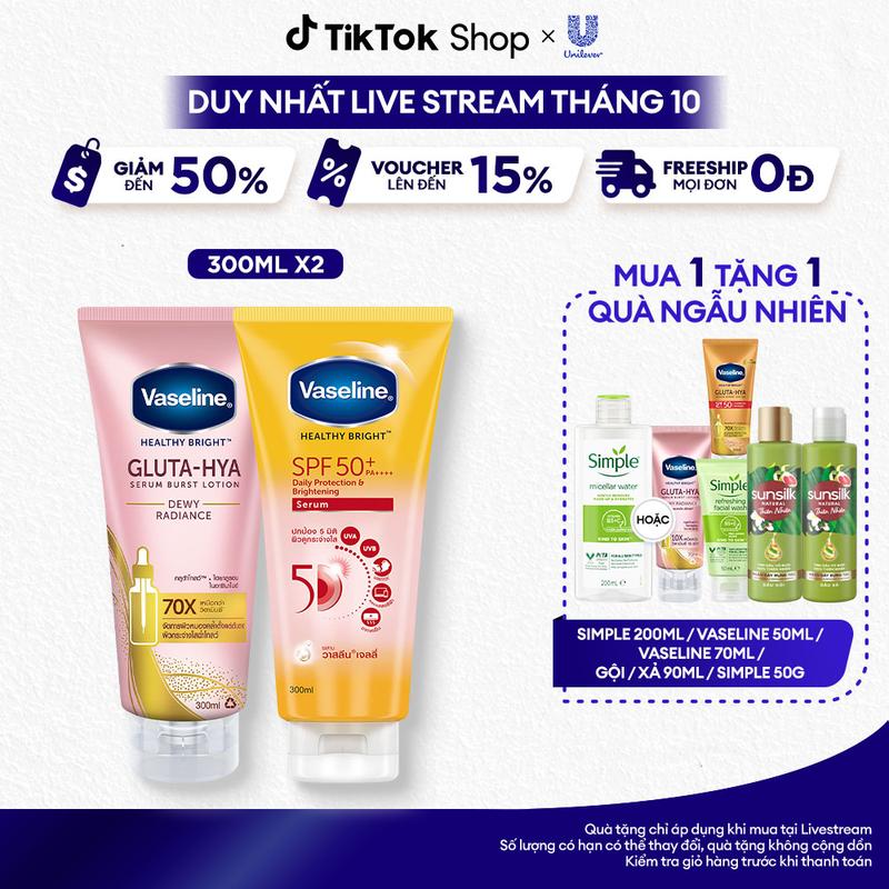 Combo 2 Serum Chống Nắng Vaseline Với SPF50+PA++++ Hỗ Trợ Bảo Vệ Da 300ml + Sữa dưỡng thể Vaseline Gluta-Hya Hỗ Trợ Dưỡng Da Chuyên Sâu Nữ 330ml [1]