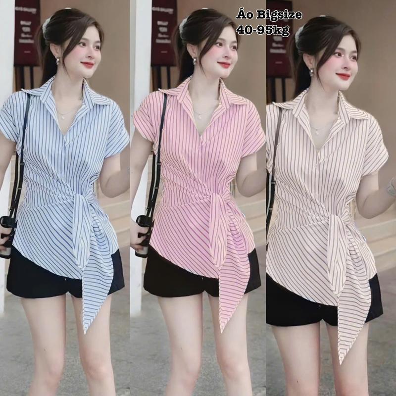 Áo Sơ Mi Nữ Tay Ngắn Thắt Nơ 1 Bên Lưng Hack Dáng Bigsize Xinh Đẹp Cao Cấp Dễ Thương Cho Nàng Chuppy Freesize 50-95kg Top Áo Sơ Mi - 2420
