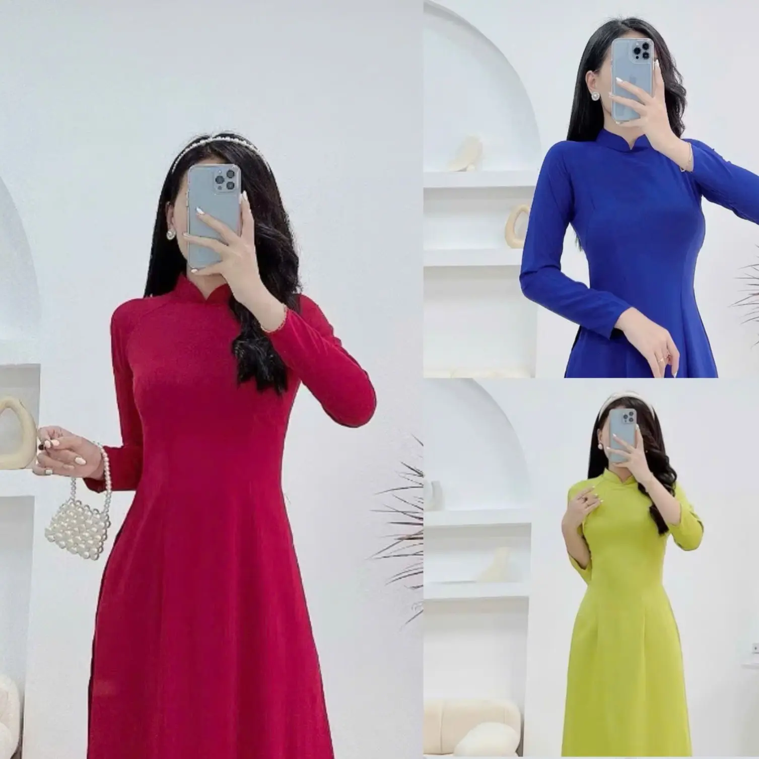 Bộ áo dài trơn vải lụa tây thi, áo dài truyền thống tay lỡ nhiều màu sắc đỏ đô, trắng, tím huế