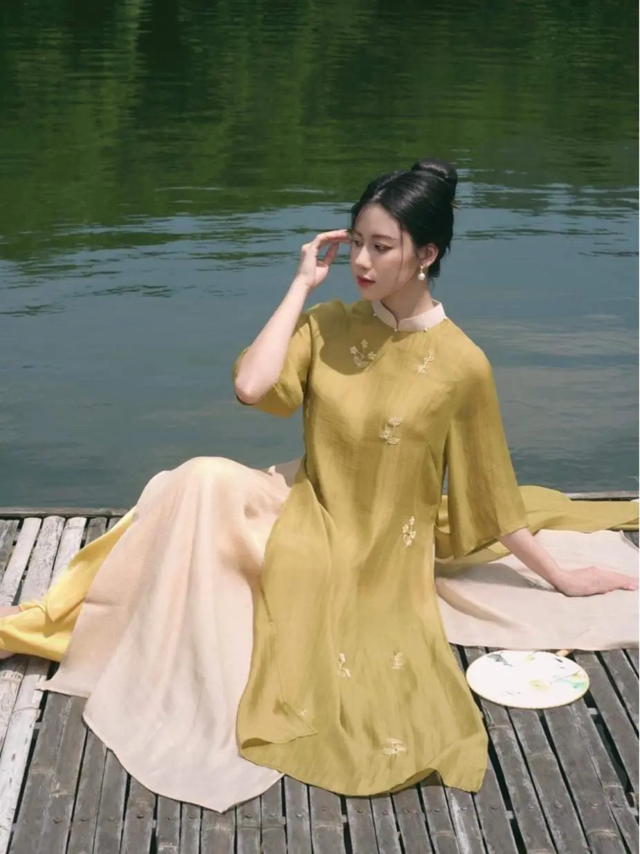 (XẢ) Aó Dài; Áo dài Cách tân dáng suông Nhã Chi thêu hoa Women Dress