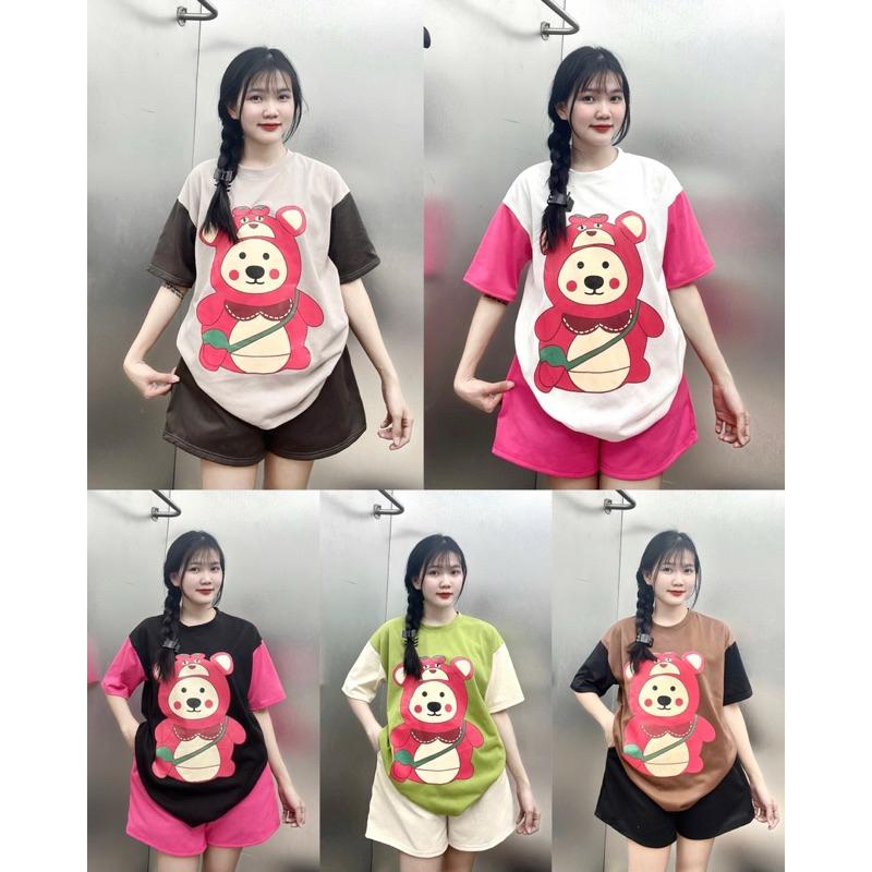 Bộ quần đùi áo thun chất su unisex nữ tay lỡ form rộng in gấu dâu