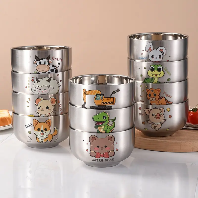 Bát Thép Không Gỉ, Thiết Kế Hoạt Hình Dễ Thương, Dành Cho Trẻ Em, Cấp Thực Phẩm Cho Em Bé, Bát Cung Hoàng Đạo, Chống Rơi, Cách Nhiệt Hai Lớp, Thích Hợp Để Ăn Gia Dụng, Được Làm Bằng Thép Không Gỉ 304