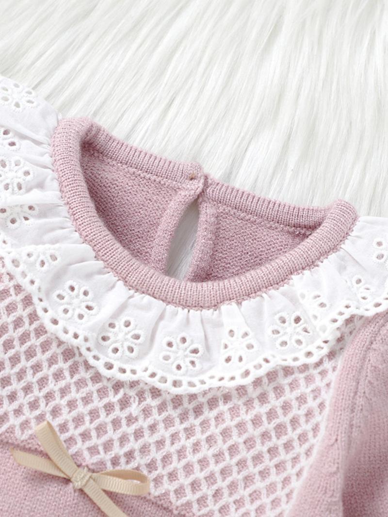 Product Introduction of Two-Piece Set Baby Girl's Argyle Print Eyelet Embroidery Ruffle Trim Sweater & Plain Pants, Cute Scallop Trim Bow Keyhole Neckline Top & Knitting Trousers, Infant Newborn Girls Fall & Winter Knitwear 7