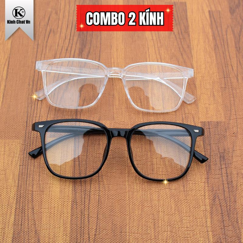  Combo 2 kính gọng vuông thời trang - Kính giả cận nam nữ chống bụi chống ánh sáng xanh - Gọng nhựa trong suốt & đen basic KC98 